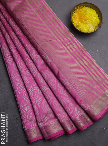Semi raw silk saree pink with allover geometric prints and zari woven border