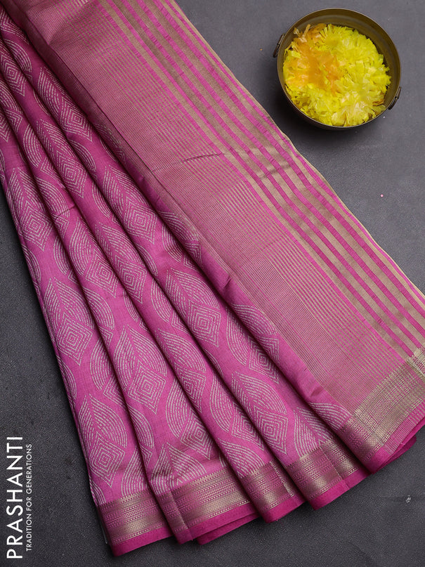 Semi raw silk saree pink with allover geometric prints and zari woven border