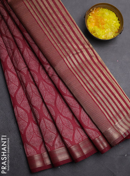 Semi raw silk saree maroon with allover geometric prints and zari woven border