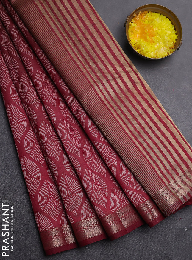 Semi raw silk saree maroon with allover geometric prints and zari woven border