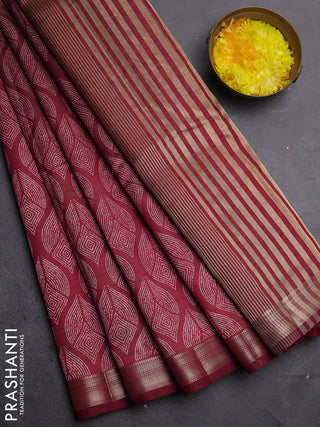 Semi raw silk saree maroon with allover geometric prints and zari woven border