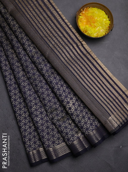 Semi raw silk saree navy blue with allover geometric prints and zari woven border