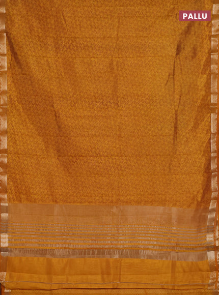 Semi raw silk saree dark mustard with allover geometric prints and zari woven border