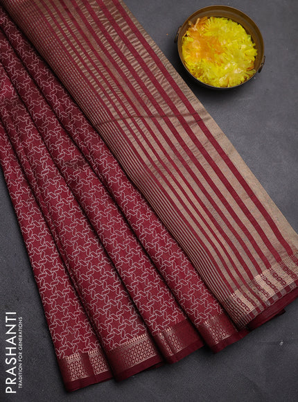 Semi raw silk saree maroon with allover geometric prints and zari woven border