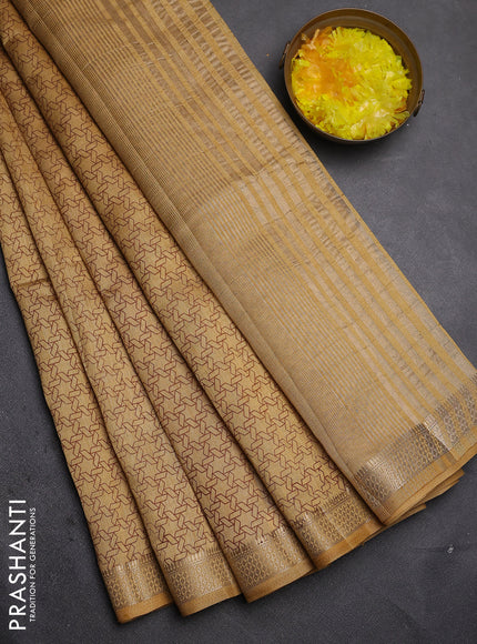 Semi raw silk saree sandal with allover geometric prints and zari woven border