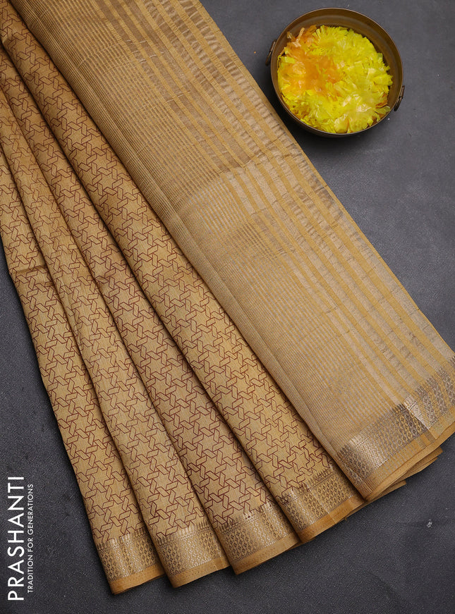 Semi raw silk saree sandal with allover geometric prints and zari woven border