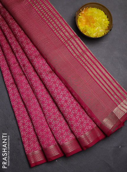 Semi raw silk saree dark pink with allover geometric prints and zari woven border