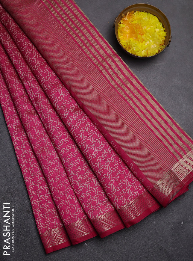 Semi raw silk saree dark pink with allover geometric prints and zari woven border