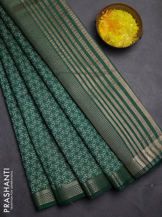 Semi raw silk saree bottle green with allover geometric prints and zari woven border