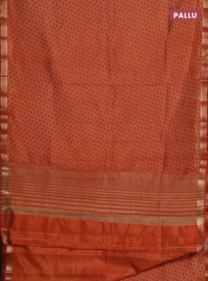 Semi raw silk saree rust shade with allover geometric prints and zari woven border