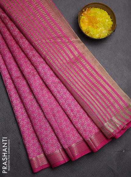 Semi raw silk saree pink with allover geometric prints and zari woven border