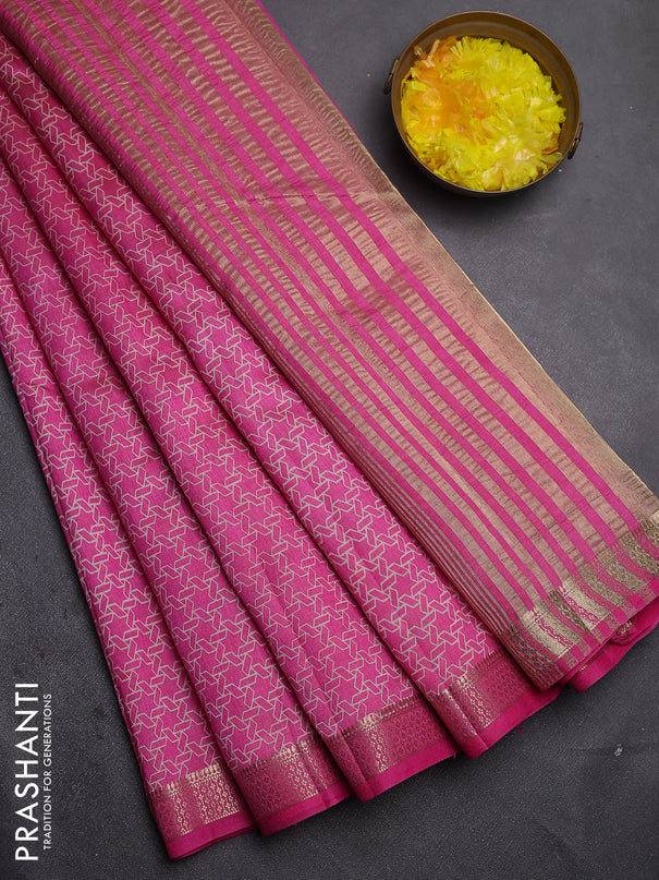 Semi raw silk saree pink with allover geometric prints and zari woven border