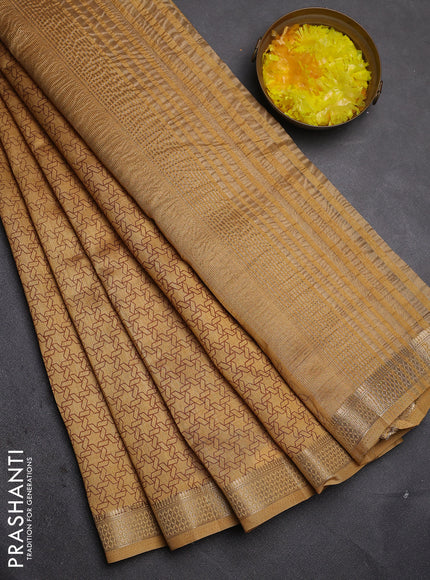 Semi raw silk saree sandal with allover geometric prints and zari woven border