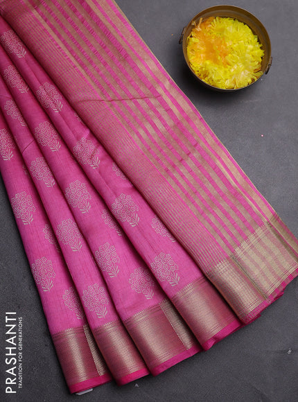 Semi raw silk saree pink with allover floral butta prints and zari woven border