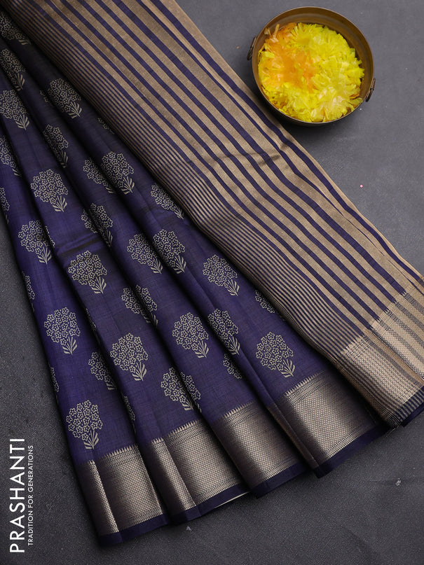 Semi raw silk saree navy blue with allover floral butta prints and zari woven border