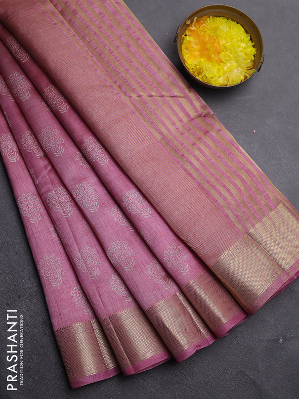 Semi raw silk saree mauve pink with allover floral butta prints and zari woven border