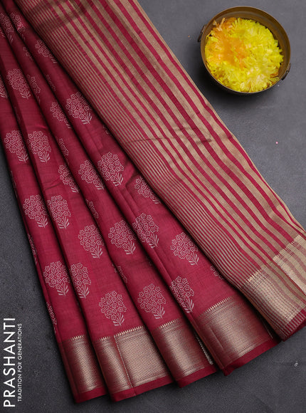 Semi raw silk saree maroon with allover floral butta prints and zari woven border
