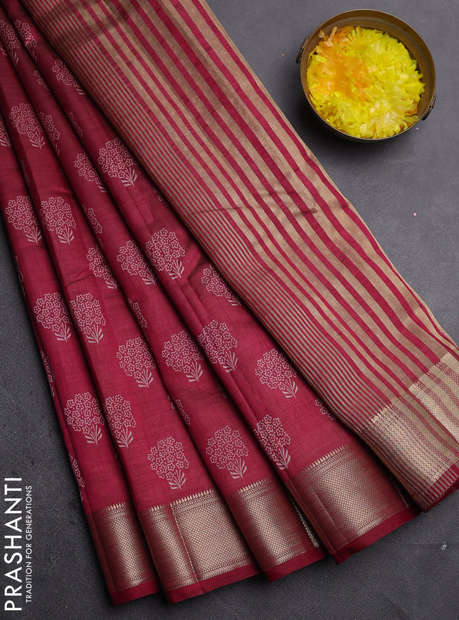 Semi raw silk saree maroon with allover floral butta prints and zari woven border