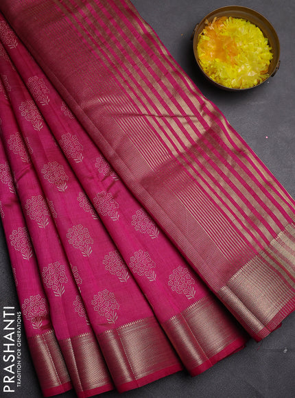 Semi raw silk saree dark pink with allover floral butta prints and zari woven border