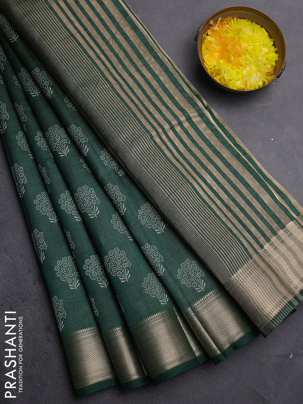 Semi raw silk saree bottle green with allover floral butta prints and zari woven border
