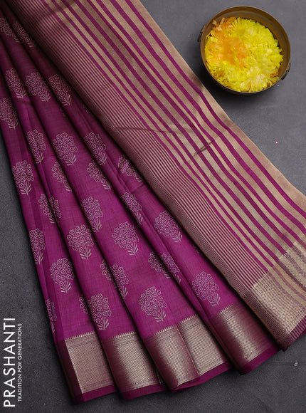 Semi raw silk saree deep purple with allover floral butta prints and zari woven border