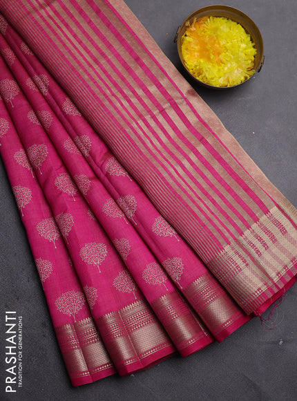 Semi raw silk saree dark pink with allover butta prints and zari woven border