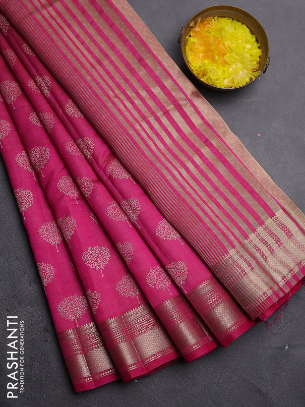 Semi raw silk saree dark pink with allover butta prints and zari woven border