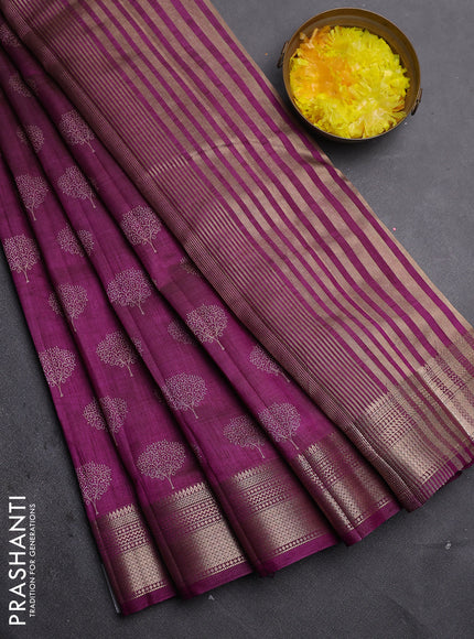 Semi raw silk saree deep purple with allover butta prints and zari woven border