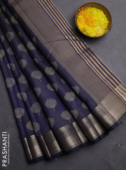 Semi raw silk saree navy blue with allover butta prints and zari woven border