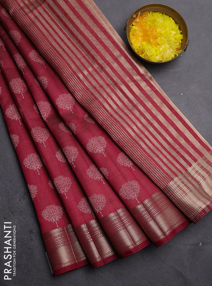 Semi raw silk saree maroon with allover butta prints and zari woven border