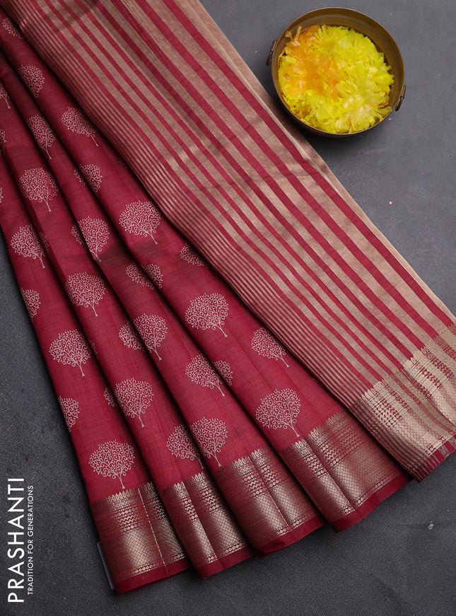 Semi raw silk saree maroon with allover butta prints and zari woven border