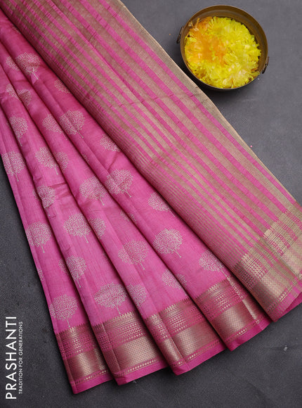 Semi raw silk saree pink with allover butta prints and zari woven border