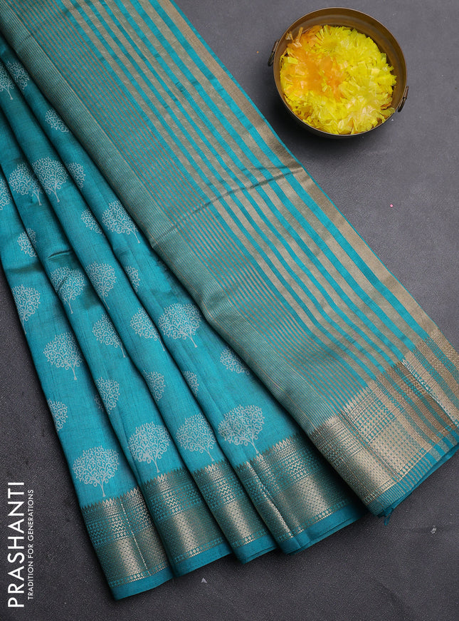 Semi raw silk saree teal blue with allover butta prints and zari woven border