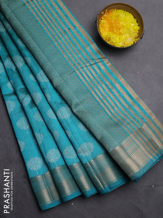 Semi raw silk saree teal blue with allover butta prints and zari woven border