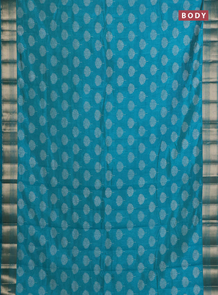 Semi raw silk saree teal blue with allover butta prints and zari woven border