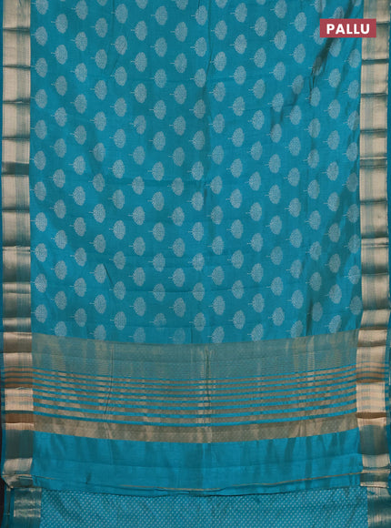 Semi raw silk saree teal blue with allover butta prints and zari woven border