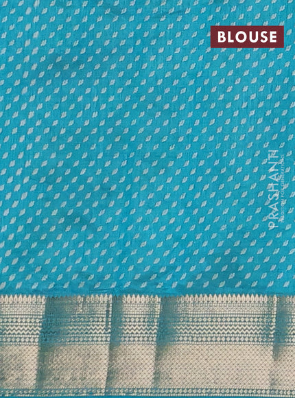 Semi raw silk saree teal blue with allover butta prints and zari woven border