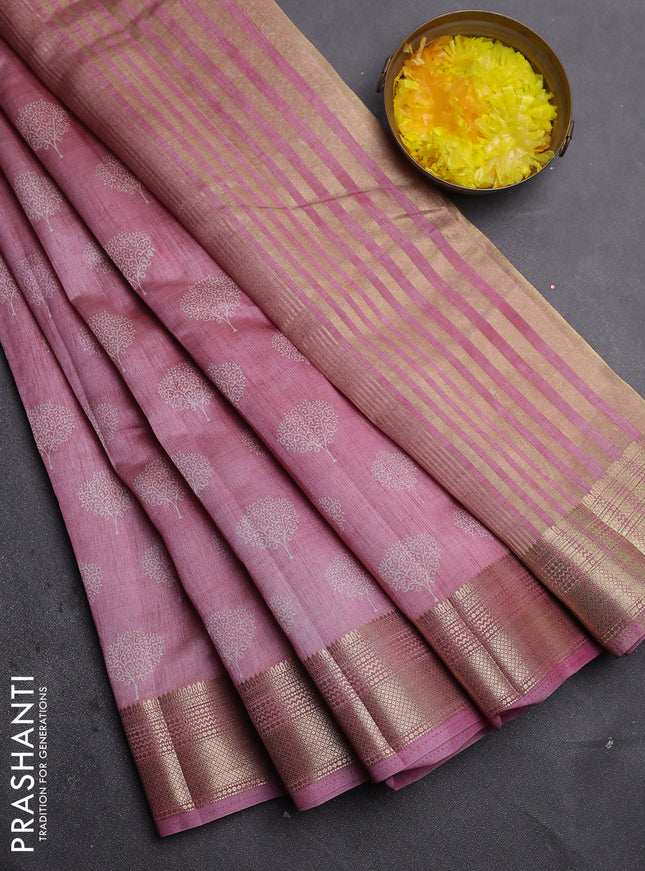 Semi raw silk saree mauve pink with allover butta prints and zari woven border