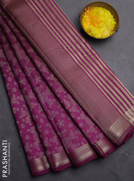 Semi raw silk saree deep purple with allover geometric prints and zari woven border
