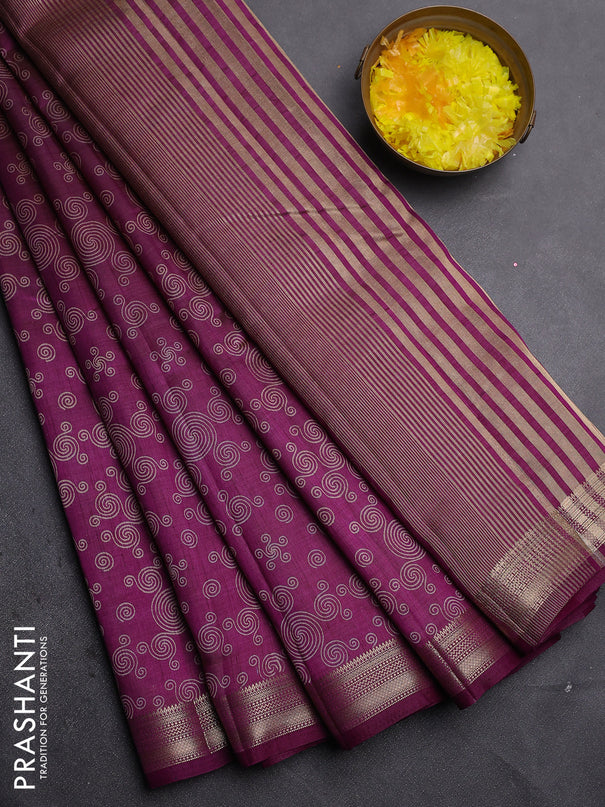 Semi raw silk saree deep purple with allover geometric prints and zari woven border