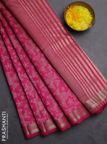 Semi raw silk saree dark pink with allover geometric prints and zari woven border