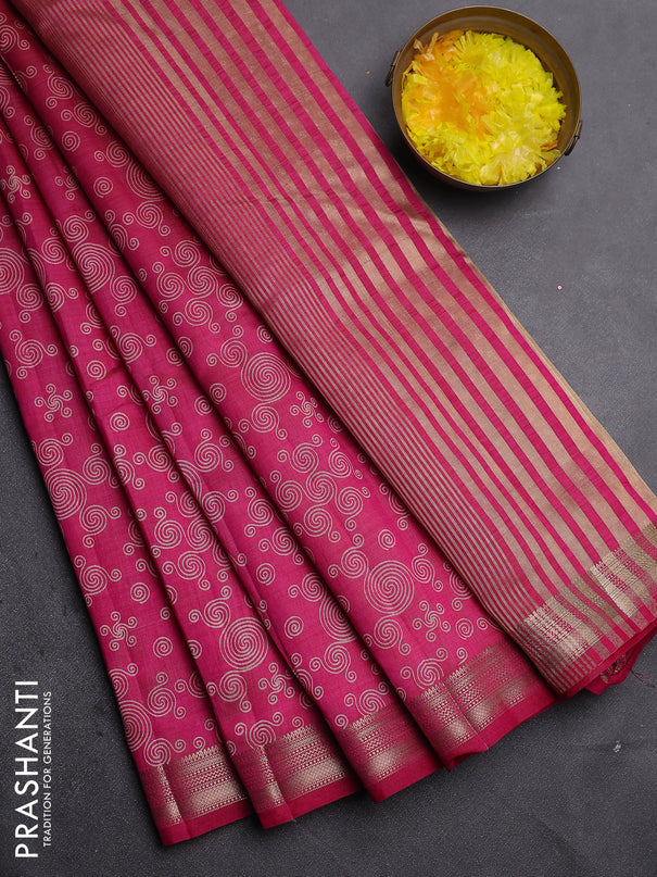 Semi raw silk saree dark pink with allover geometric prints and zari woven border