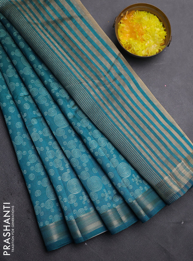 Semi raw silk saree cs blue with allover geometric prints and zari woven border