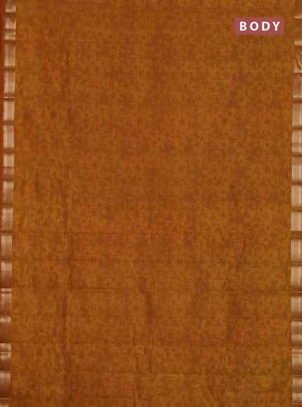 Semi raw silk saree dark mustard with allover geometric prints and zari woven border