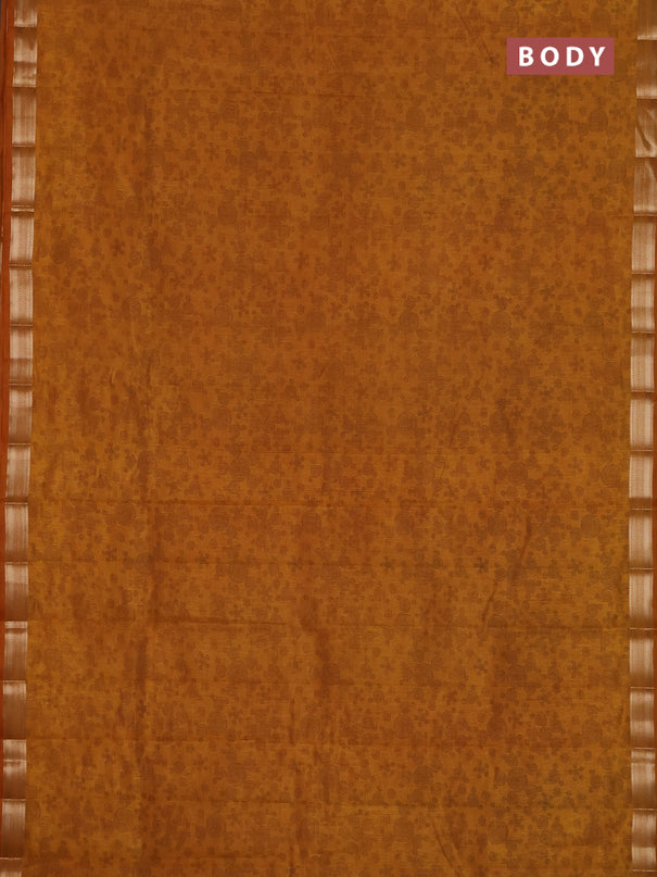Semi raw silk saree dark mustard with allover geometric prints and zari woven border