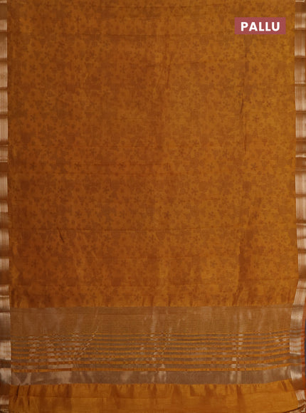 Semi raw silk saree dark mustard with allover geometric prints and zari woven border