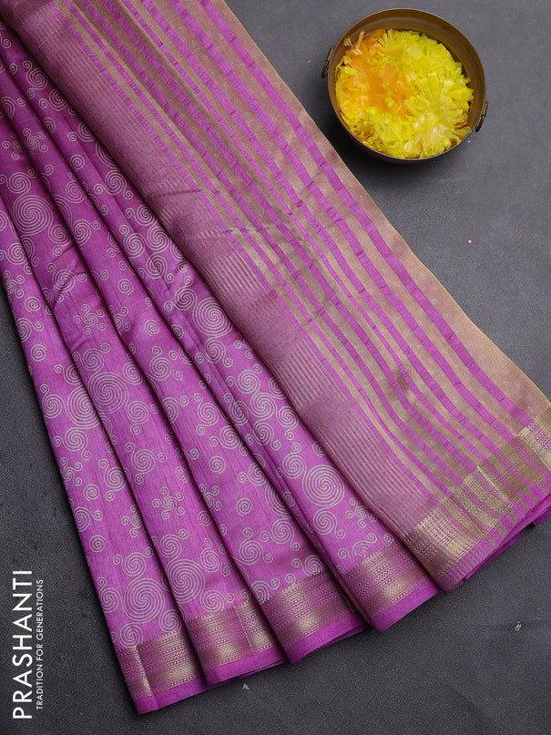 Semi raw silk saree lavender with allover geometric prints and zari woven border