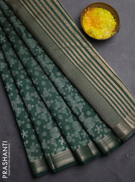 Semi raw silk saree bottle green with allover geometric prints and zari woven border
