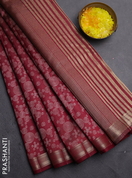 Semi raw silk saree maroon with allover geometric prints and zari woven border