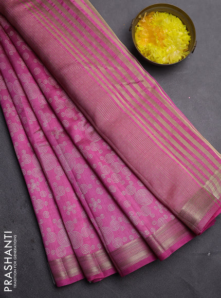 Semi raw silk saree dark pink with allover geometric prints and zari woven border
